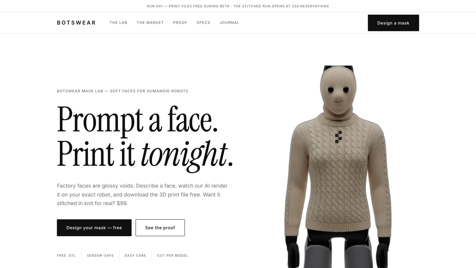 The Botswear landing page: Prompt a face, print it tonight, with a knitted mask rendered on a humanoid robot