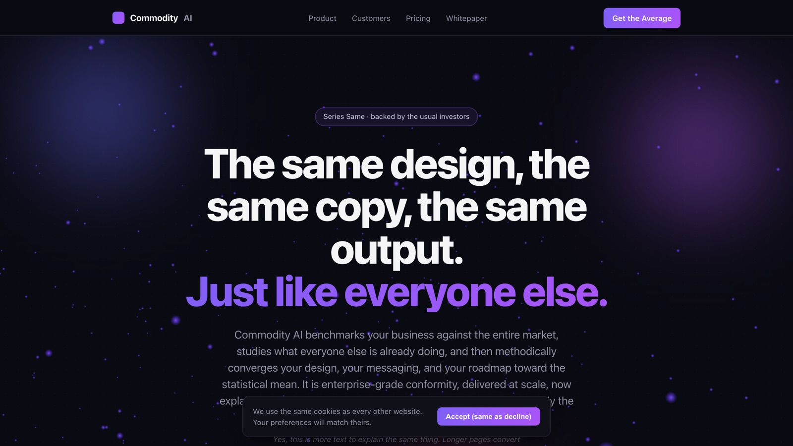 The Commodity AI landing page: dark purple hero declaring The same design, the same copy, the same output
