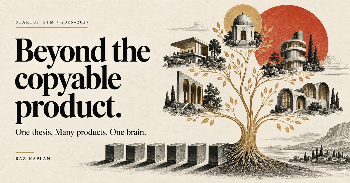 Beyond the copyable product. One thesis. Many products. One brain. An editorial illustration of identical blocks transforming into a branching tree of distinct buildings.